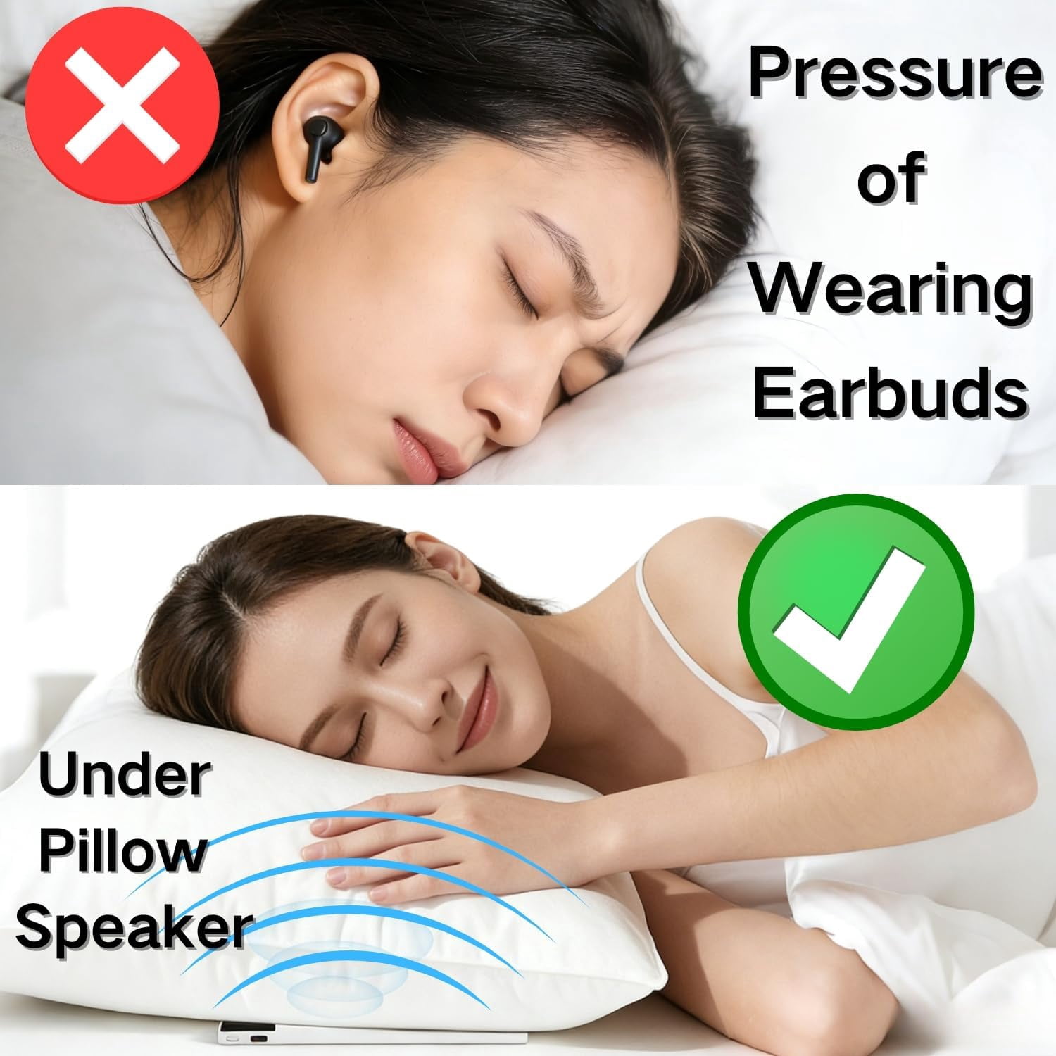 Under Pillow Speakers for Sleeping Bluetooth, Bone Conduction Technology, 3D White Noise Generator, TF Card MP3 Player 30/60/90min Timed Shutdown (White)