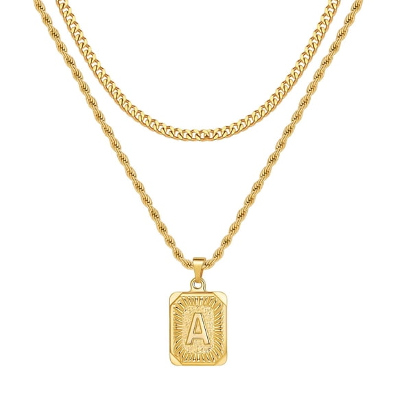 TINGN Gold Initial Necklace for Men Women 18K Gold Plated Layered Cuban Link Chain Rope Chain 18-20 Inch Square Pendant Stainless Steel Necklace for Men Jewelry Gifts
