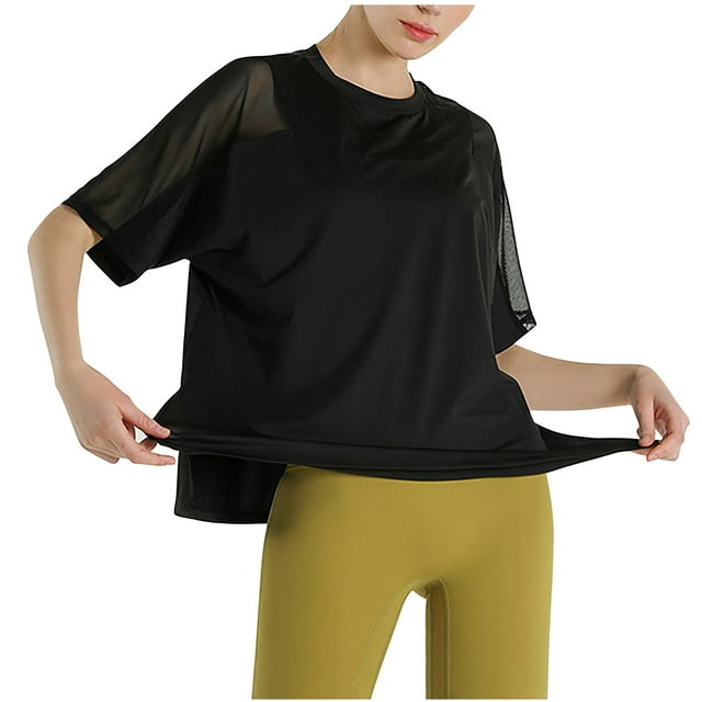 Birdeem Womens Round Neck Solid Color Mesh Patchwork Quick Drying Short Sleeved Yoga Suit Womens Short Sleeved Round Neck Top/Shirt