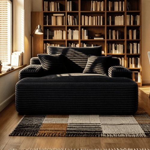 Convertible Chaise Lounge Chair Plush with Wide Armrest & Throw Pillows, Cozy Boneless Sleeper Sofa Bed Armchair, with cup holder,for Living Room, Bedroom, Black