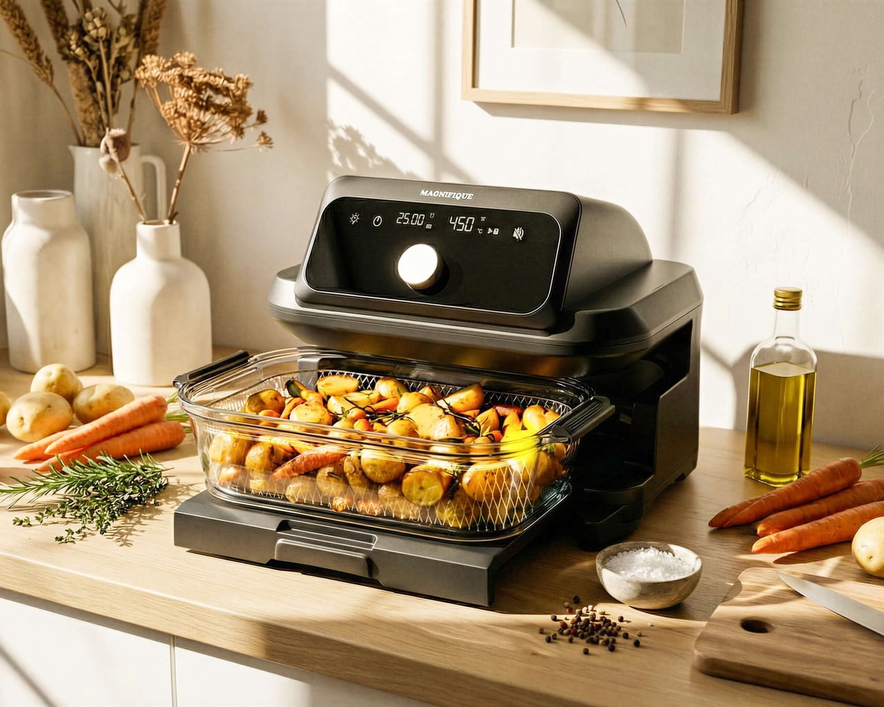 MAGNIFIQUE 6 Quart Large Capacity Casserole Air Fryer, Glass Air Fryer Oven Non Toxic with 12-in-1 Digital Touchscreen