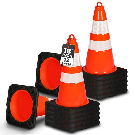 Pyle 18-Inch Safety Traffic Cones, 12-Pack Orange Parking Cones with Reflective Collars, Stackable PVC Construction for Roadwork, Sports Training & Events, Solid High-Density Base for Stability