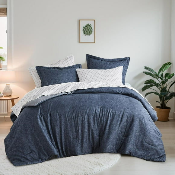 Regency Heights 7-Piece Queen Bed in a Bag Set, Reversible Comforter with Sheet Set and Shams, Navy Blue, Solid Color