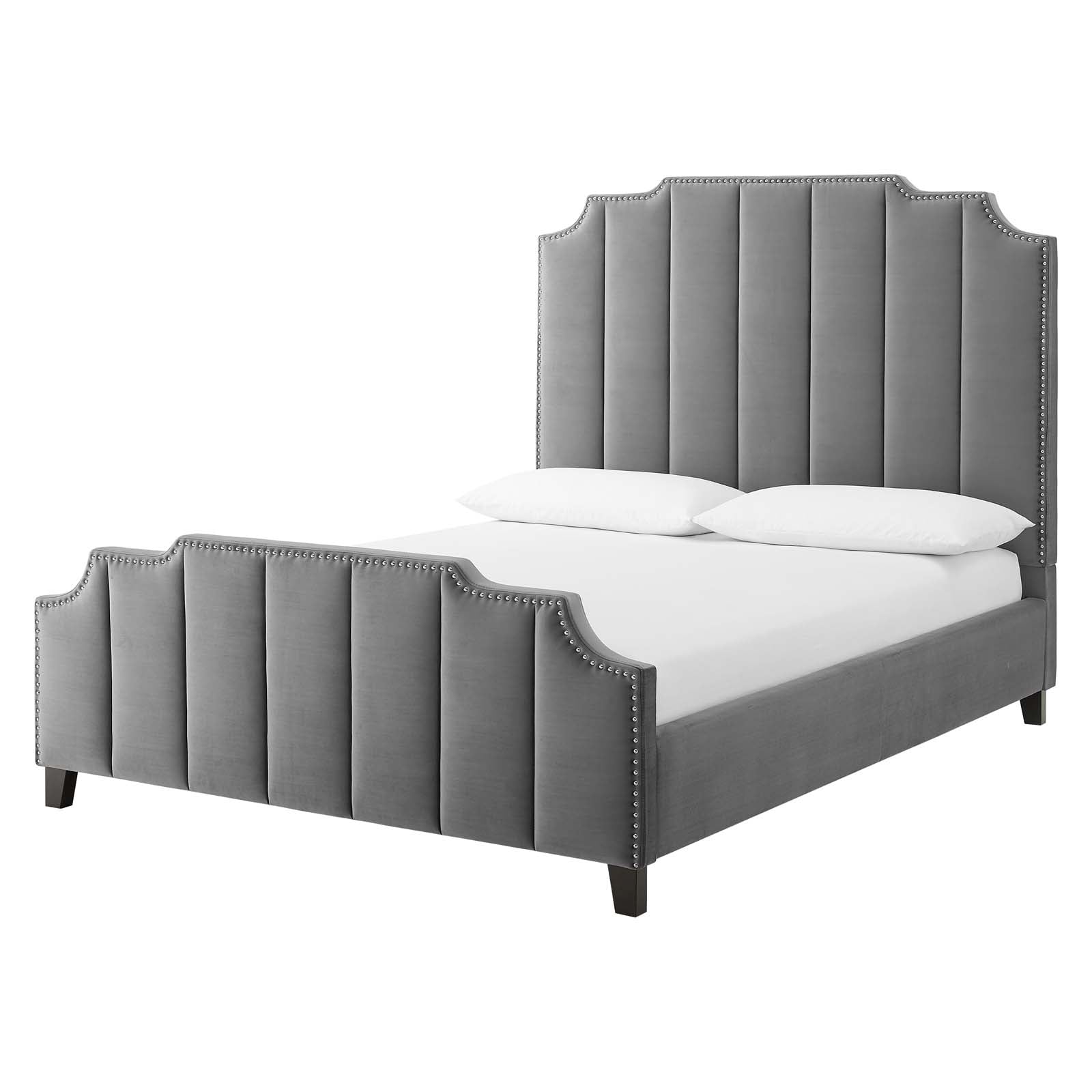 Platform Bed Frame, Queen Size, Velvet, Grey Gray, Modern Contemporary Urban Design, Bedroom
