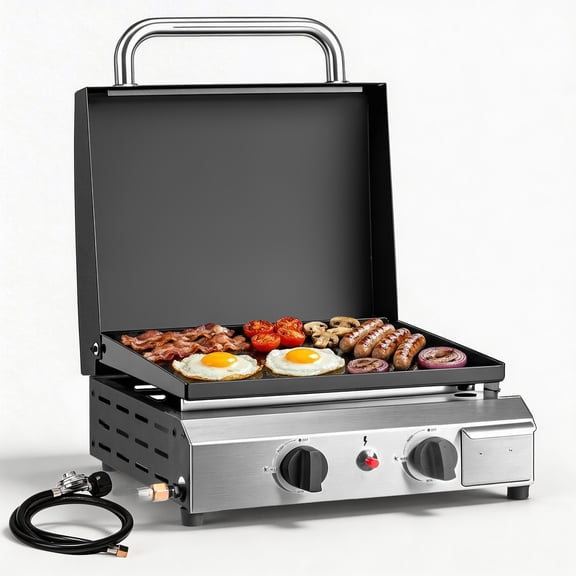 Ktaxon 2 Burner Propane Griddle Flat Top Gas Grill 20000 BTU with Lid,Ceramic Coated Cast Iron Pan,Portable