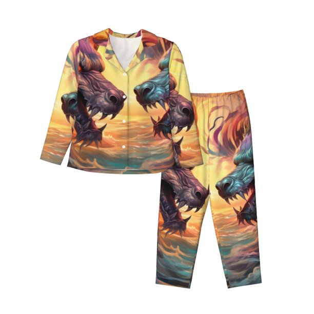 Balery Colorful Wave Dragon Head Conjunto de Pijama con Estampado para Mujer, Conjunto de Dos Piezas con Manga Larga, Ropa de Dormir Suave con Bolsillos, Pijamas Cómodos-Large