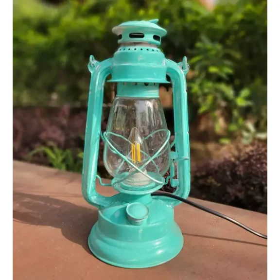 Vintage Style Hurricane Lantern Antique Collectible Electric Decorative Lamp in Sea Green Colour.