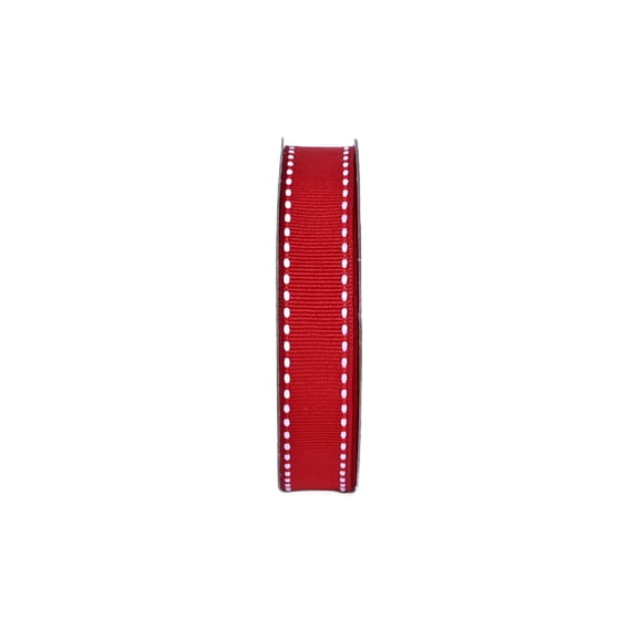Gwen Studios 5/8" White Saddle Stitch on Red Grosgrain Ribbon, 7 Yards