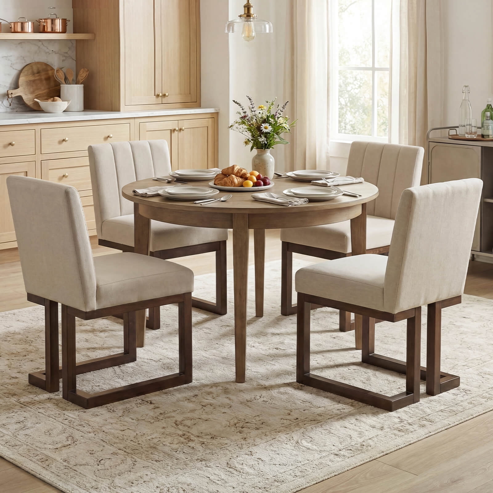Costway 4PCS Wooden Dining Chairs Modern Farmhouse Fabric Upholstered Kitchen Chairs Walnut