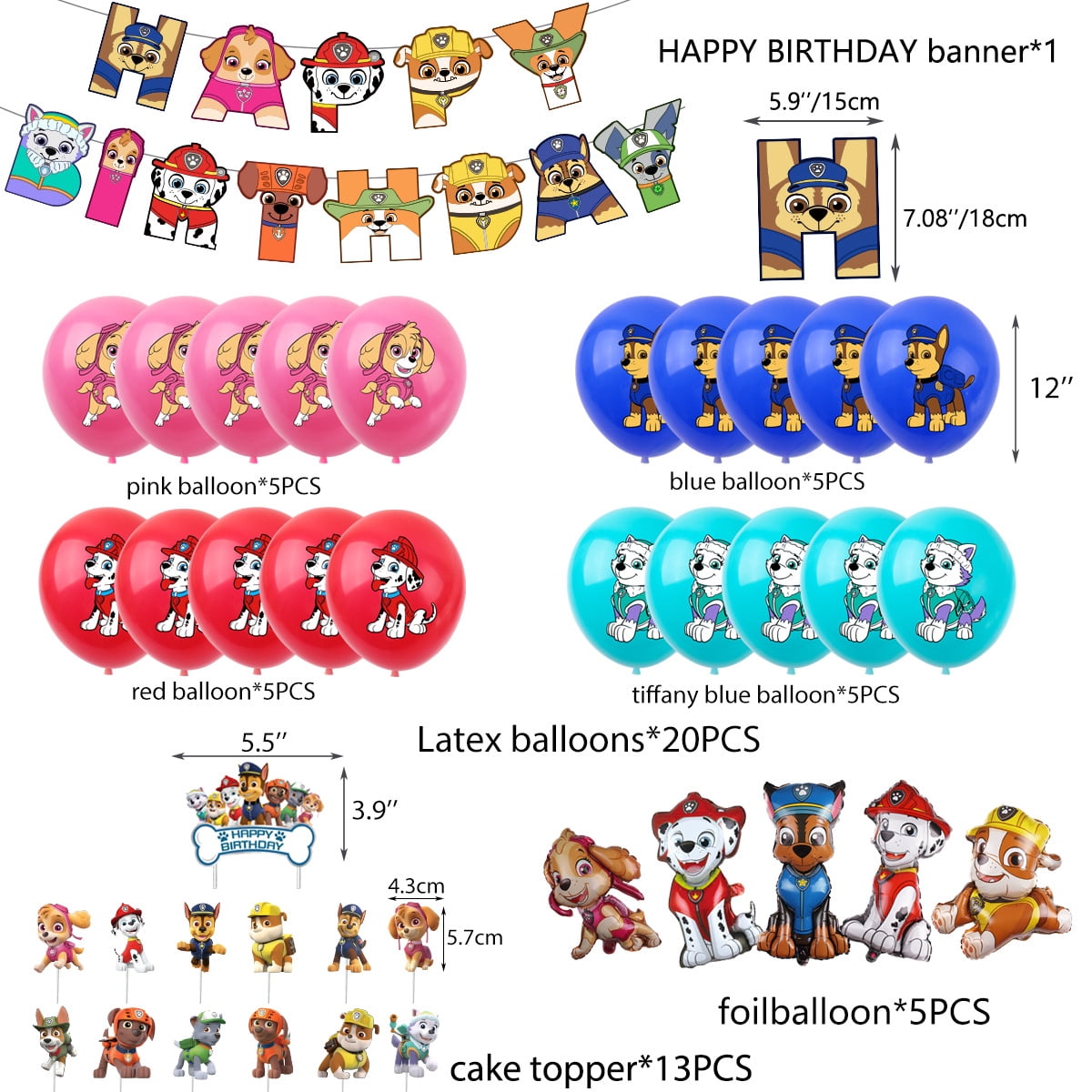 52PCS For Paw Theme For Patrol Birthday Party Decorations,With 1 Happy Birthday Banner Garland,20 Balloons, 13 Cupcake Toppers,6 Foil balloon for Party Supplies