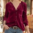 thumbnail image 2 of RYRJJ Womens Velvet Button Down Shirts Elegant V Neck Long Sleeve Shirt Dressy Casual Blouses Velour Tops with Pocket(Red,XL), 2 of 6