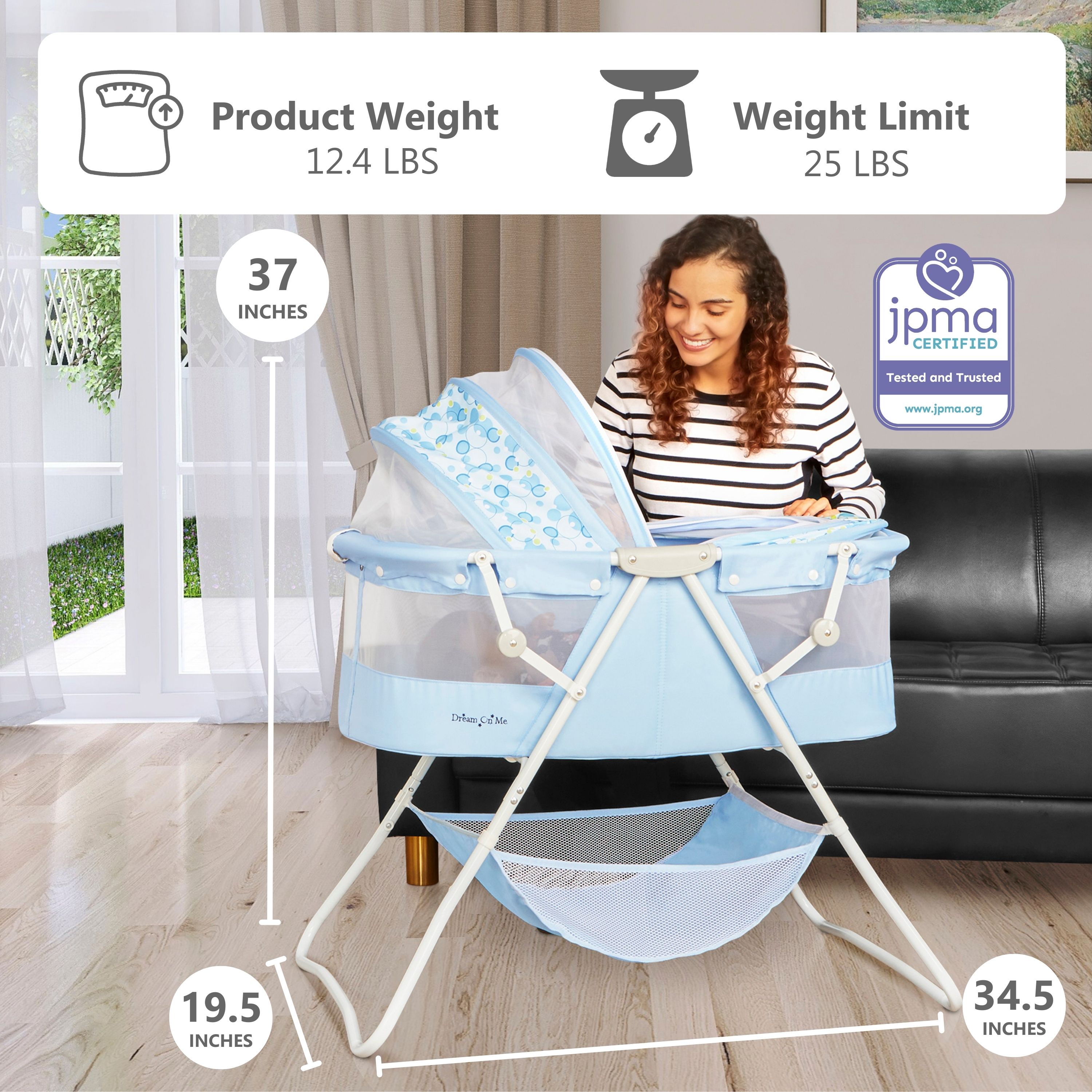 Dream On Me Karley Bassinet in Light Blue, Quick Fold and Easy to Carry, Large Storage Basket - image 4 of 17