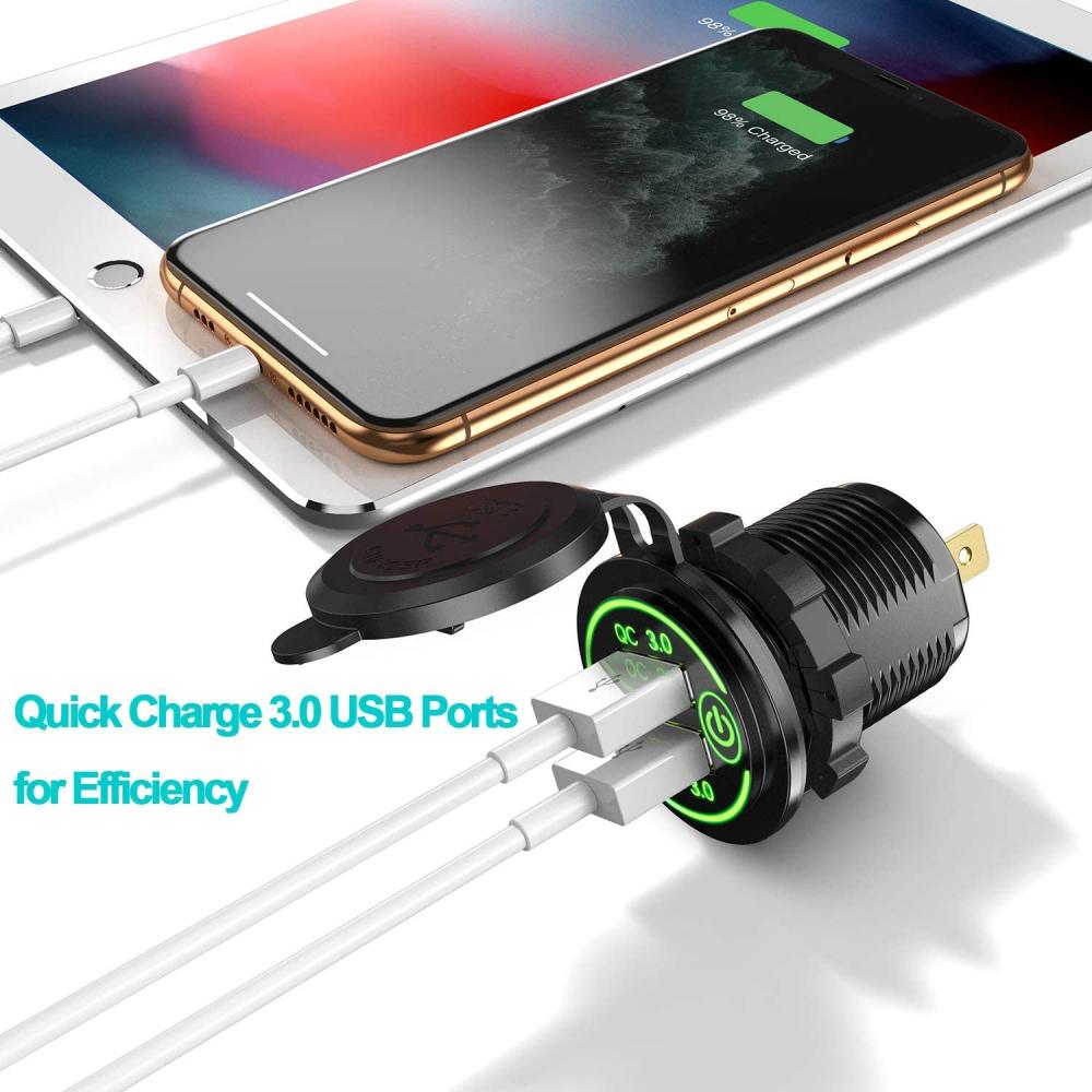 3.0 Dual USB Car Charger Quick Charge Socket, Waterproof 12V/24V USB Outlet  QC 3.0 Dual Charger Socket with Touch Switch DIY Kit for Car, Golf Cart,  Boat, RV, Motorcycle, Truck And More