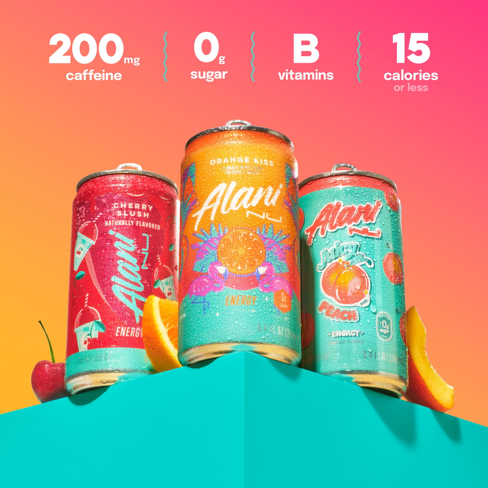 Alani Nu, Mini Variety Pack Cherry Slush, Juicy Peach, Orange Kiss, 8.4 fl oz, pack of 12