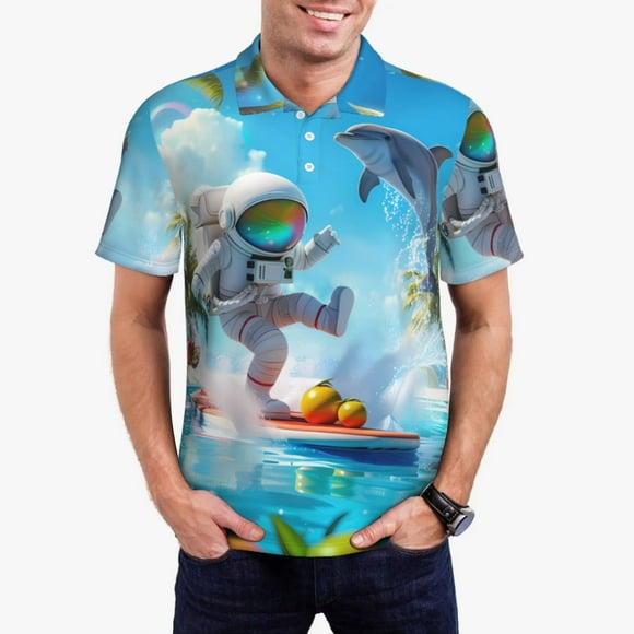 Fotbe Astronaut Tropical Dolphin Camiseta Polo de Golf para Hombre con Estampado – Camisa Deportiva Transpirable con Cuello Abotonado-Small