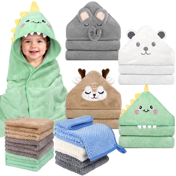 16 Pcs Baby Towels, 4 Pcs Soft Hooded Towels & 12 Pcs Washcloths, Baby Bath Towels for Newborns, Infants & Toddlers- Ultra Absorbent, Cute Towel Gift for Boys