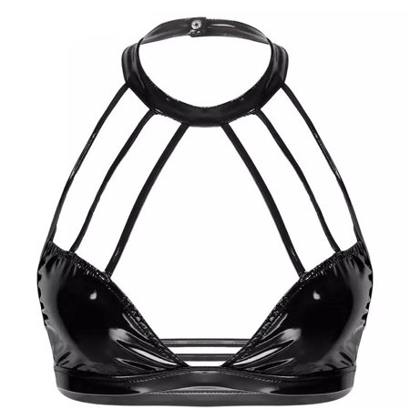 Womens Sexy Lingerie Wetlook Leather Halter Bra Fashion Black Wire-free No Pad Bra Top Erotic Lingerie Underwear Clubwear 