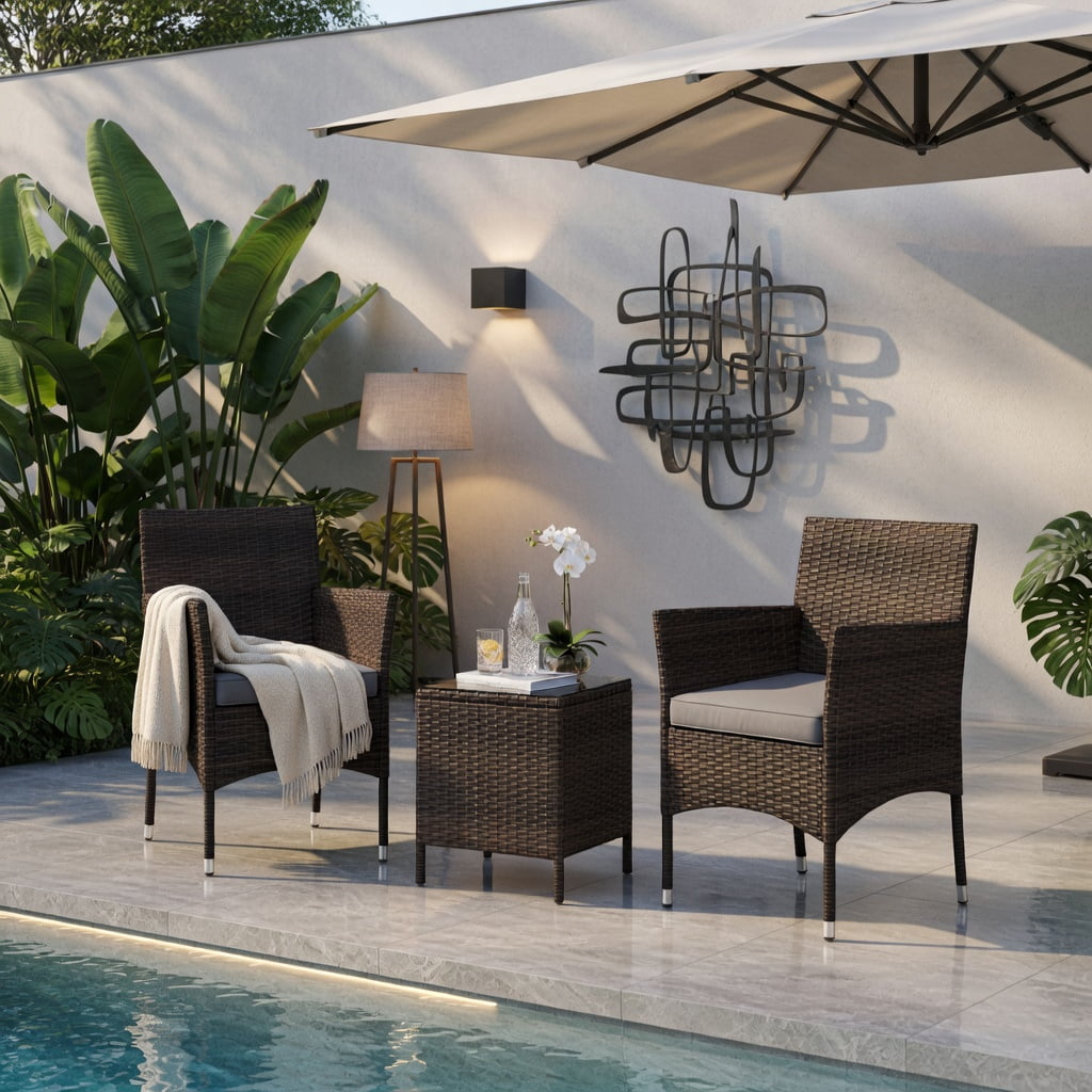 Hommoo 3-Piece Outdoor Wicker Conversation Set, PE Rattan Chairs with Cushions & Tempered Glass Square Coffee Table for Patio, Backyard, Poolside, Gray