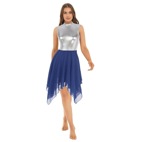 Nyeemya Womens Praise Contemporary Dance Dress Metallic Sleeveless Liturgical Dance Dress Tunic Blue M