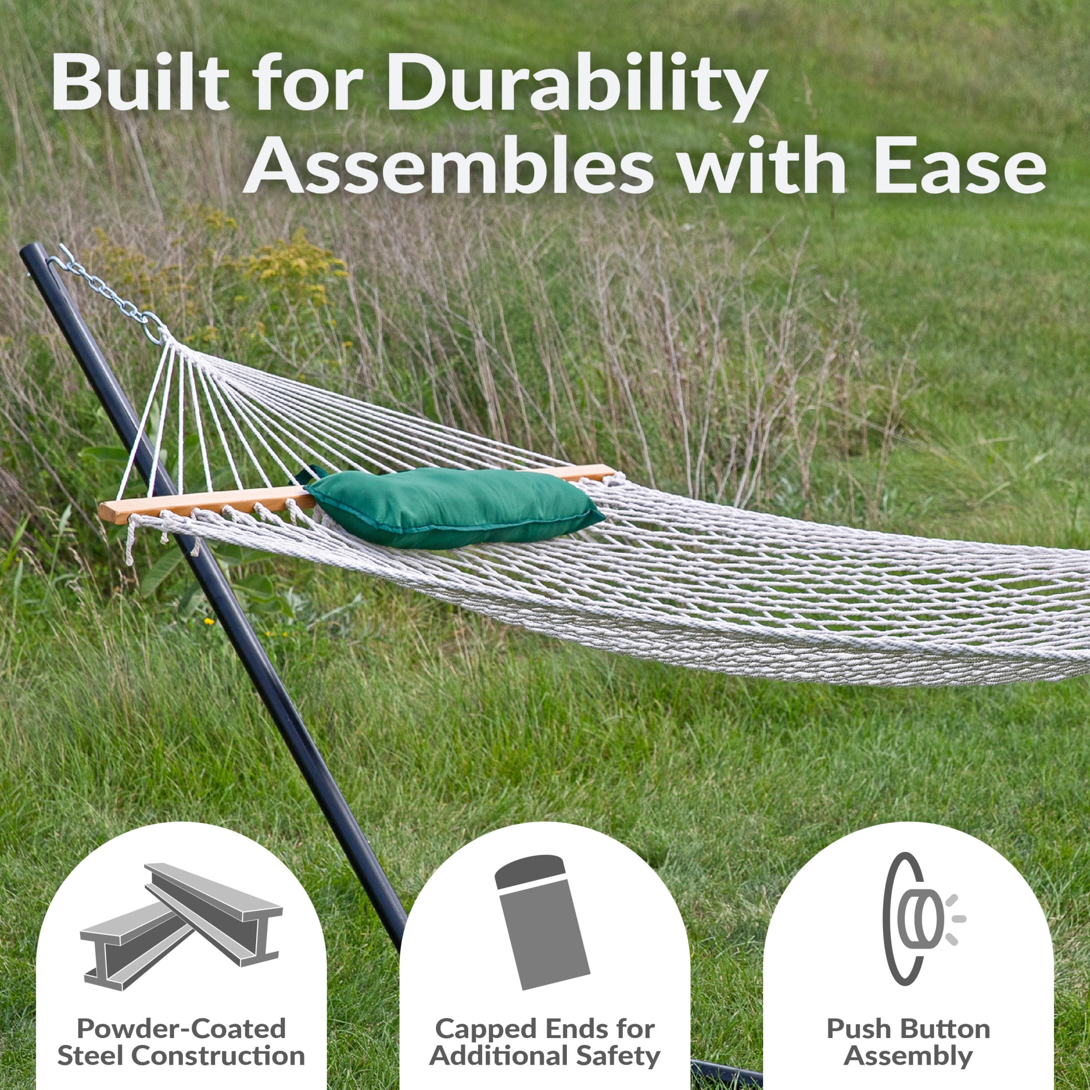Sunnydaze 2-Person Polyester Rope Spreader Bar Hammock with Stand, 275 lb Capacity - Green/White