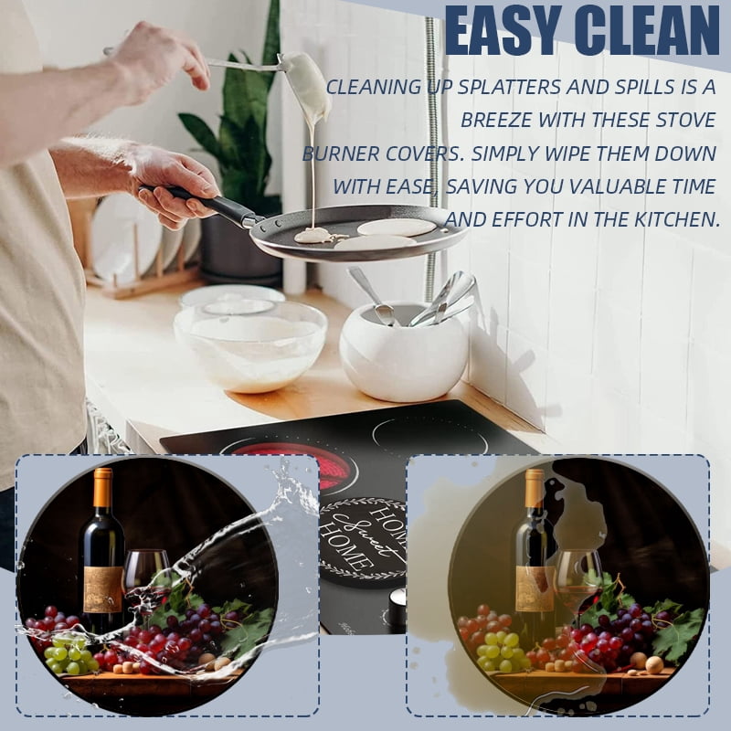 Round Electric Stove/Range Burner Cover, Wine and Grapes Print Durable Gas Stove Burner Covers Conceals Messy Drip Pans Set of 4 for Kitchen, 8 Inches and 10 Inches