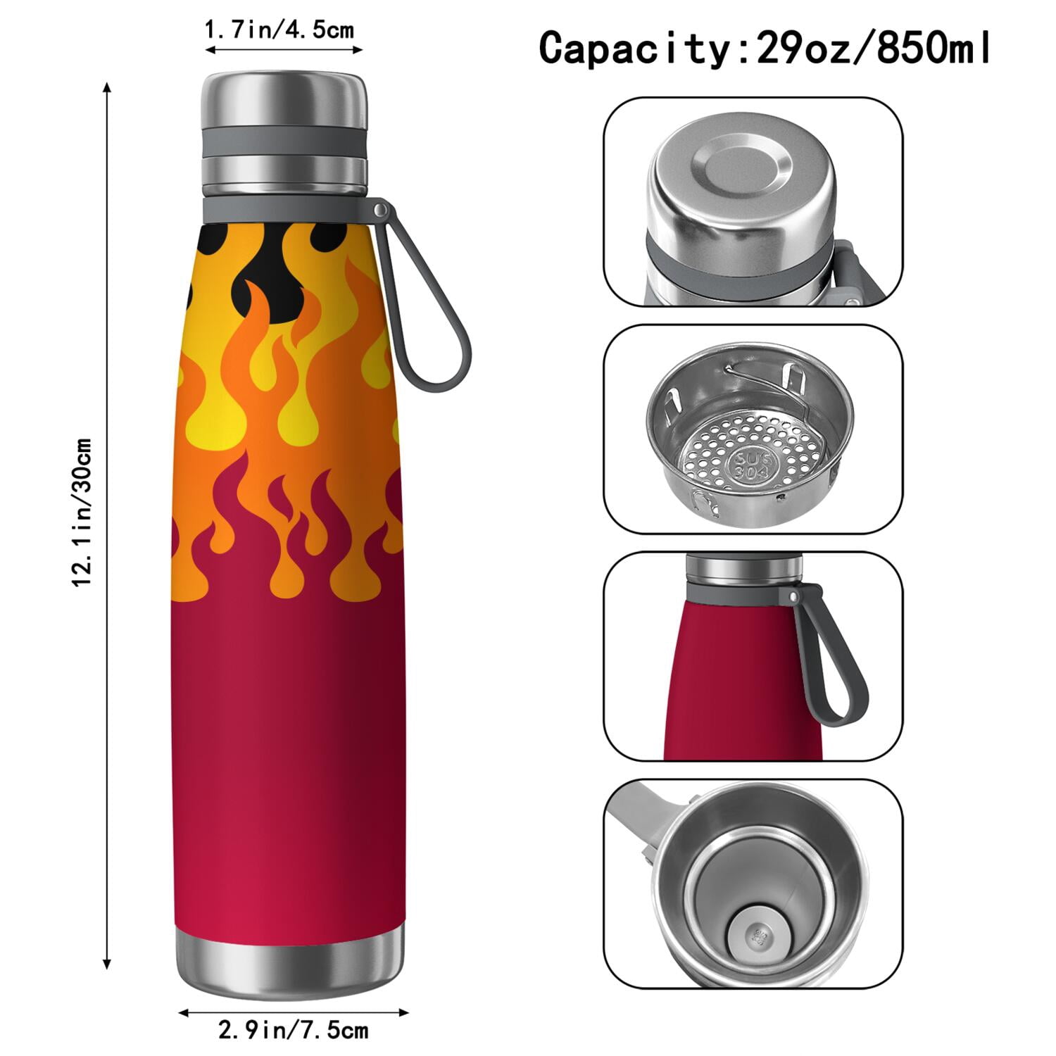 29oz Insulated Water Bottle with Tea Infuser, Stainless Steel Travel Mug, Flame Print