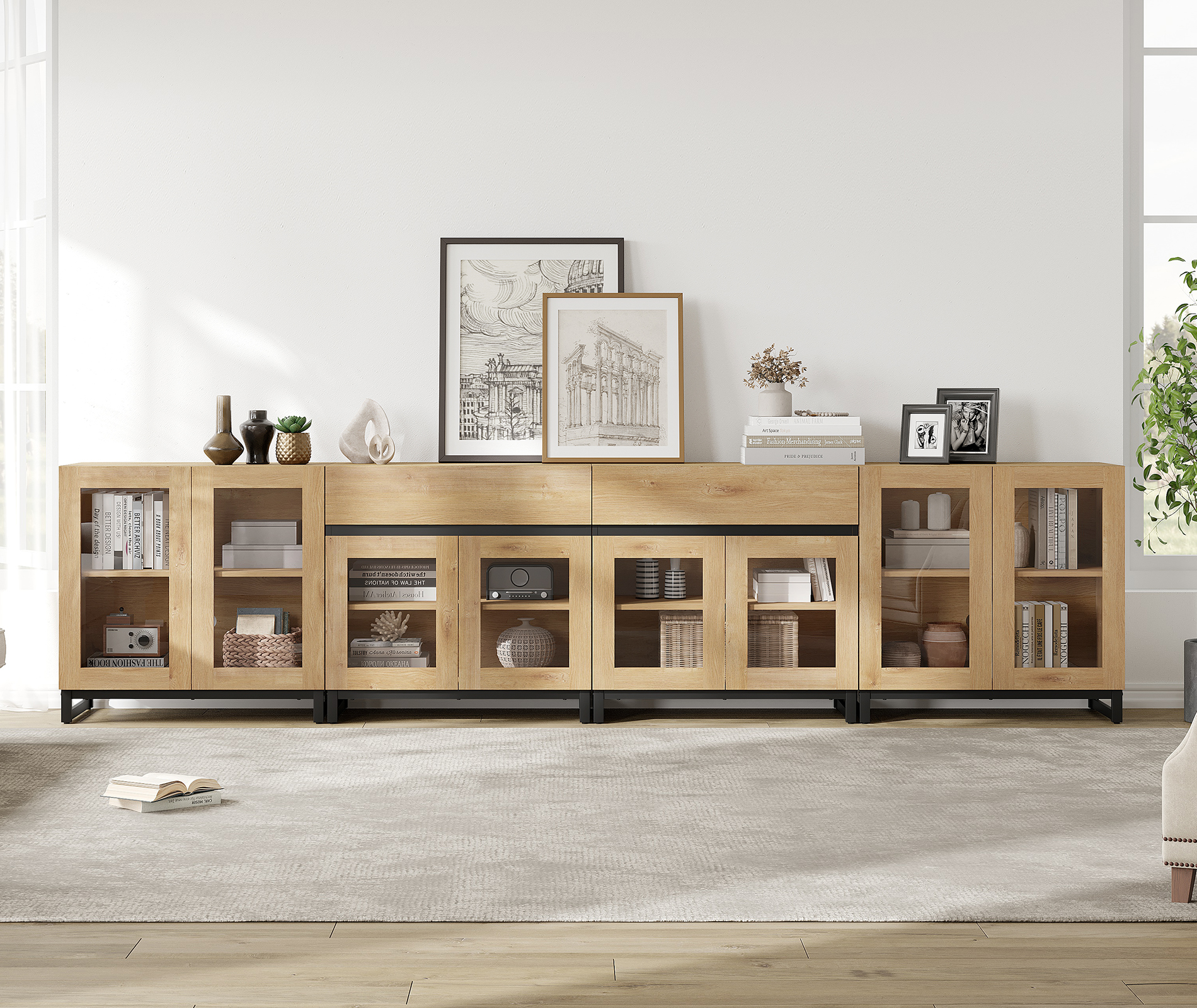 Home Bedroom Storage Cabinet, 4 In 1 Multifunctional Dresser with Glass Doors, 2 Drawers and Adjustable Shelf, Versatile Closet Organizer,Oak