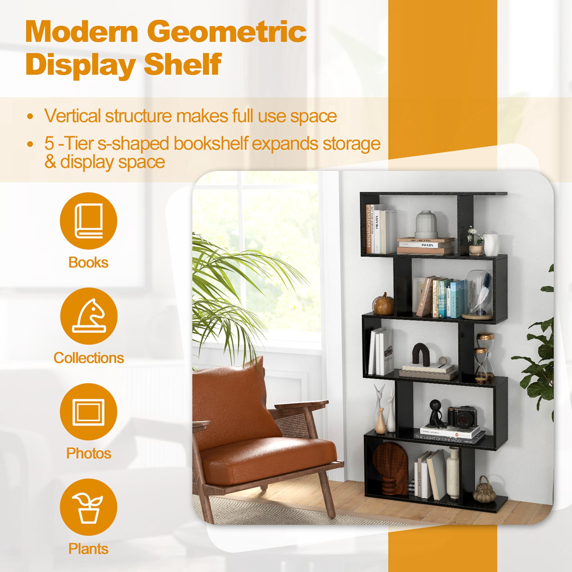 Costway 5-Tier Bookshelf Geometric S-Shaped Bookcase Room Divider Storage Display Shelf Black