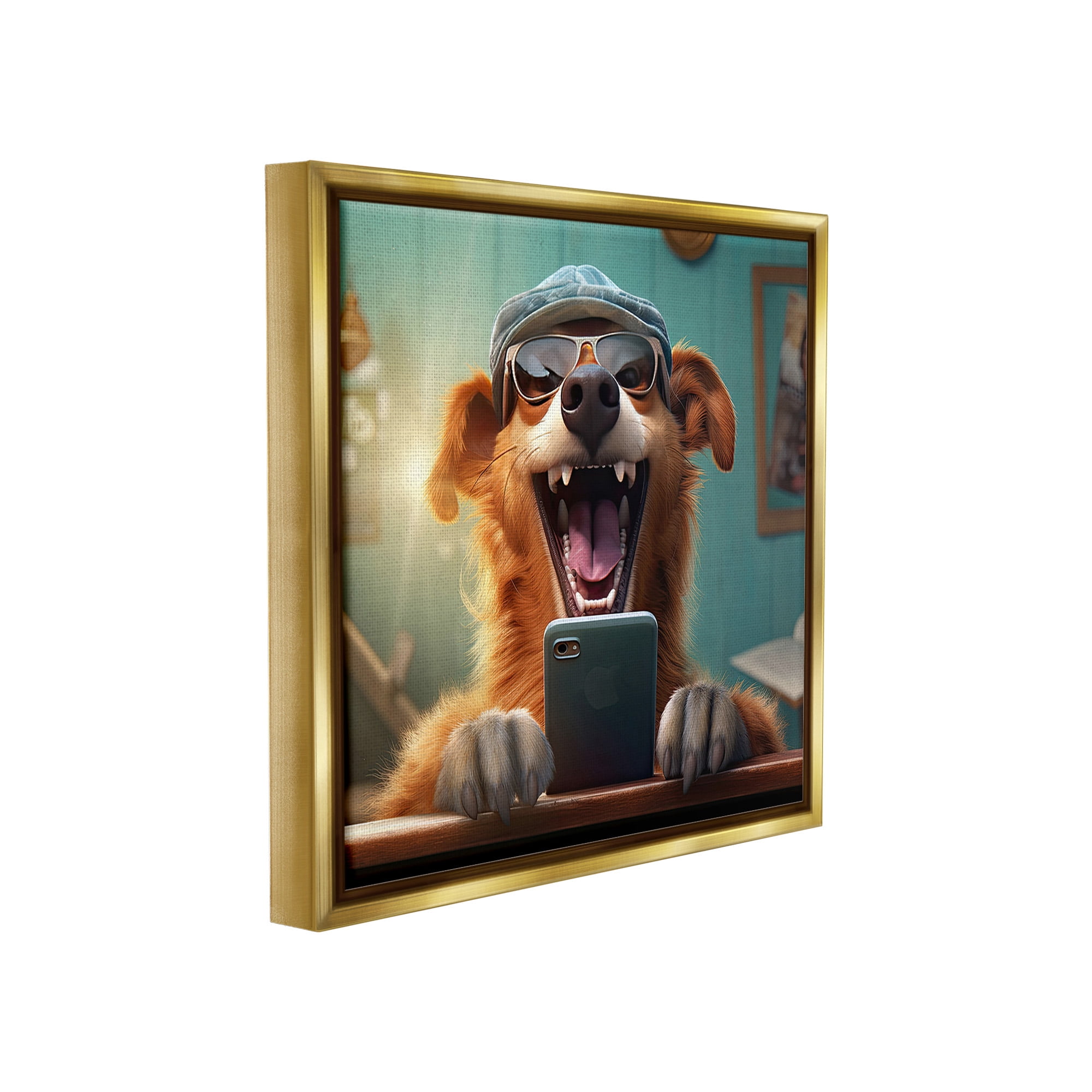 Stupell Industries Happy Dog on Cell Phone Animals & Insects Painting Gold Floater Framed Canvas Art Print Wall Art, 25 x 25