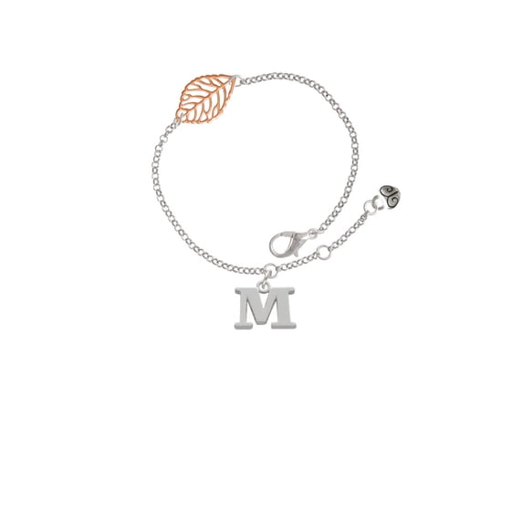 Delight Jewelry Silvertone Large Initial - M - - Rose Goldtone Leaf Delicate Bracelet, 6.25+1.75"