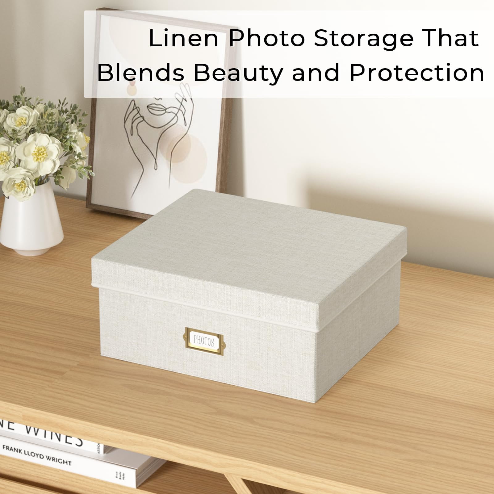 Decorative Photo Storage Box - Linen Organizer With Dividers  Fits Holds Up To 1700 Pictures And 4x6 Photos Memory Keepsake For Scrapbook Supplies Cards (beige)