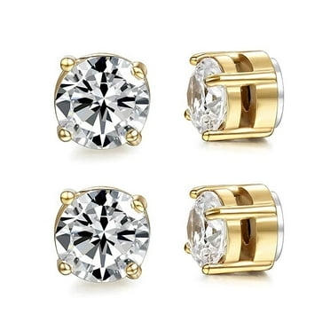 Bekayaa 2 Pairs Stainless Steel Magnetic Stud Earrings, Non-Pierced, Clip-On, 8mm, Gold, White Diamonds