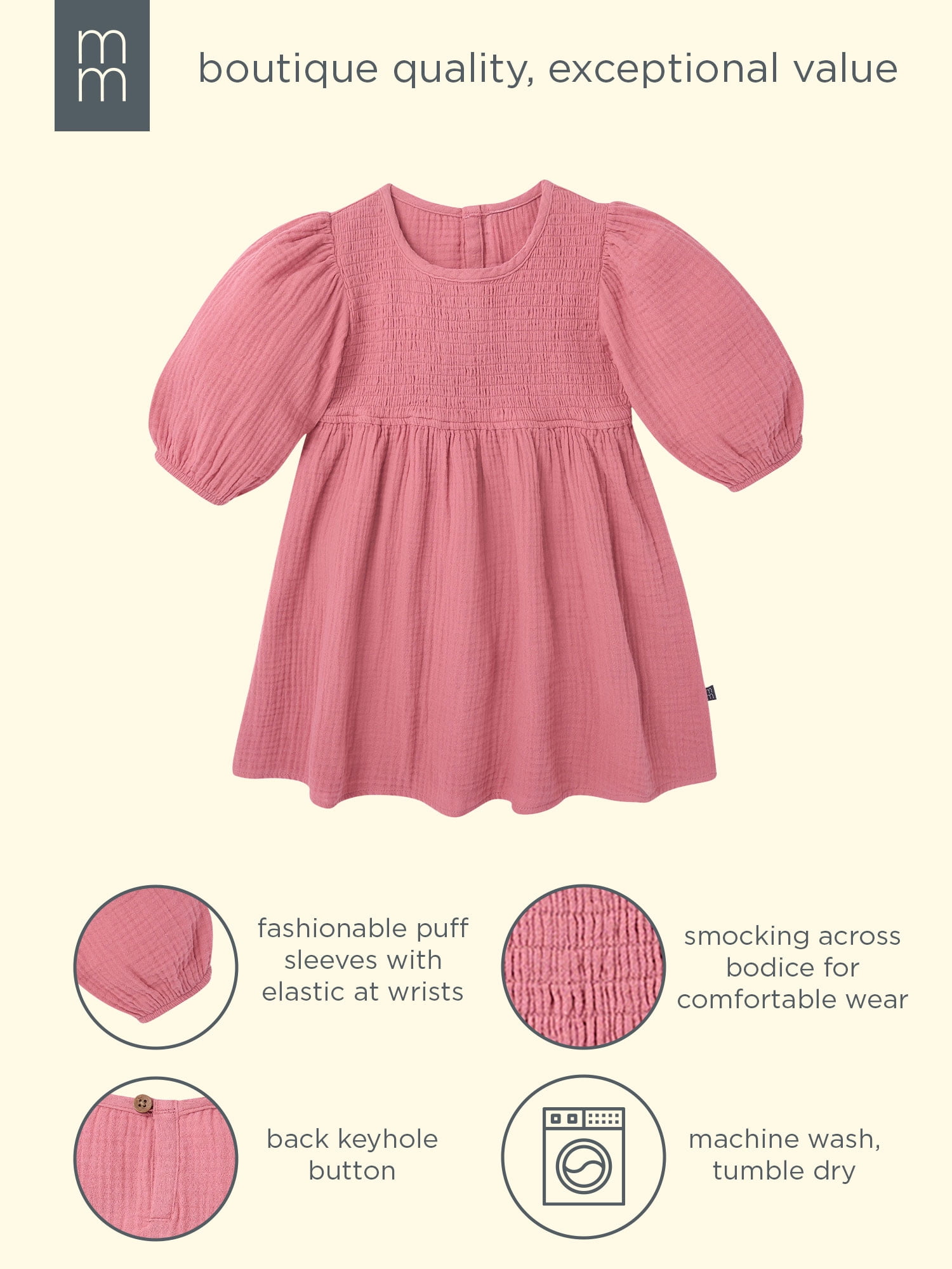 Modern Moments by Gerber Baby and Toddler Girl Smocked Dress with Puff Sleeves, Sizes 0/3 Months - 5T