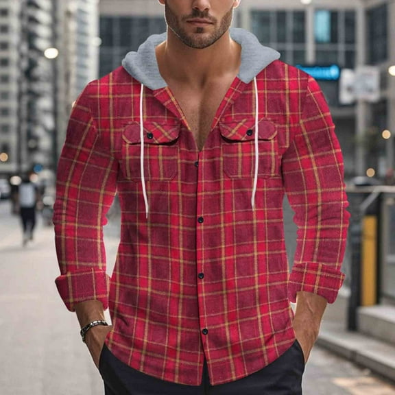 Fengqque Hooded Flannel Shirt for Men Plaid Shirts Long Sleeve Flannel Jacket Button-Down Shirt Jacket with Hood Red XL(XL)