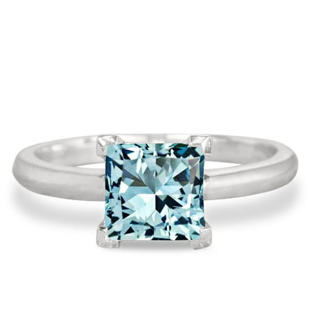 1 Carat Princess Cut Aquamarine Solitaire Engagement Ring in 10k White Gold
