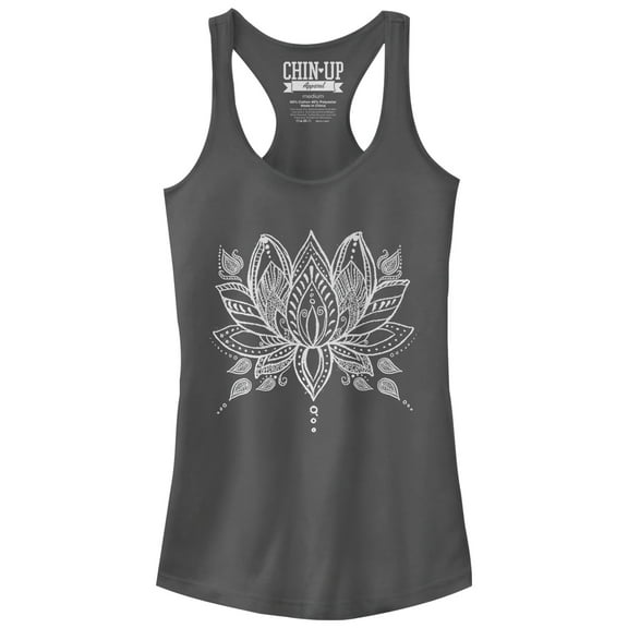 Junior's CHIN UP Henna Lotus Flower Racerback Tank Top Charcoal 2X Large