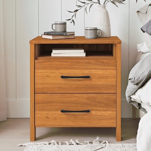 STYLIVIA 2-Drawer Nightstand with Open Shelf Amber Walnut 20.9" W x 15.7" D x 22.7" H