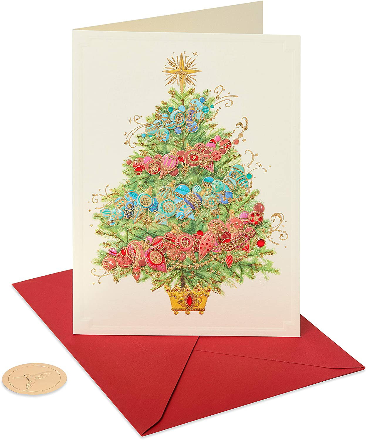 12-Count Papyrus Decorative Christmas Tree Christmas Cards Boxed with Gold Foil-Lined Red Envelopes 