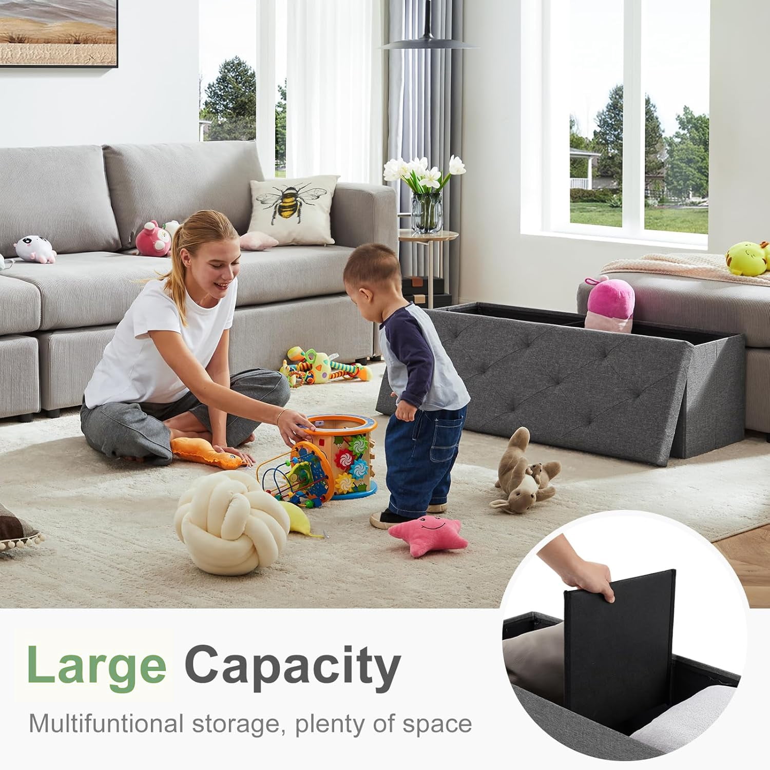 Casabay Storage Ottoman Bench, 43 Inches Foldable Storage Footrest with Padded Seat for Bedroom End of Bed, Living Room
