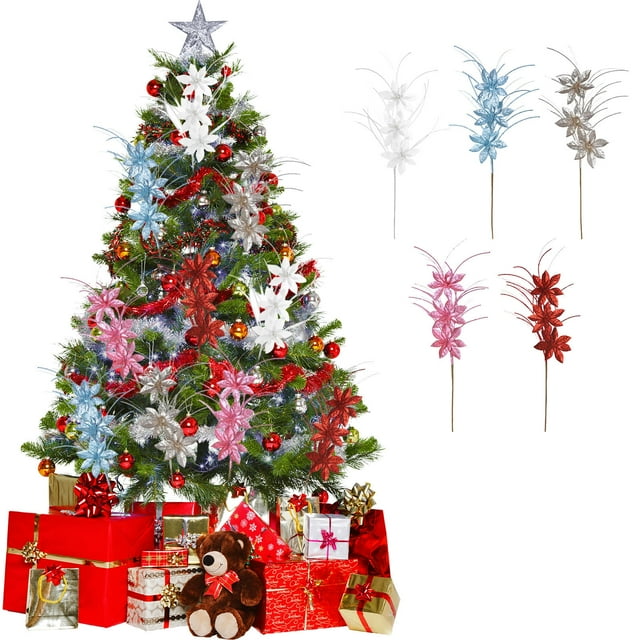 Ramilletes Navideños Largos de 80 Cm (32 Pulgadas) con Polvo Dorado, Flores, Lentejuelas y Bayas. Ideales para Decorar Fiestas Navideñas. Plástico Azul. Reutilizables. Paquete de 1 Unidad.