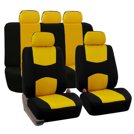FH Group Universal Flat Cloth Fabric 5 Headrests Full Set Car Seat Cover, Yellow and Black