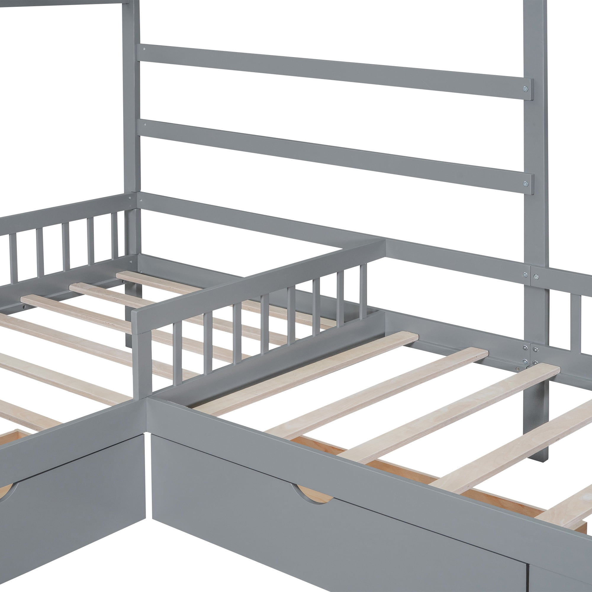 Bellemave House Bed Double Twin Beds, Wood L-Shape Twin Bed with 3 Storage Drawers, Montessori Bed with Roof and Fencefor Toddler Kids Girls Boys (Gray)