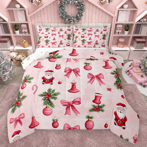Feelyou Pink Princess Bowknot Full Size Comforter Sets, Kawaii Winter Santa Claus Bedding Comforter Set, Christmas Flower Reversible Bedding Sets, Microfiber Bedroom Decor, 3-Piece