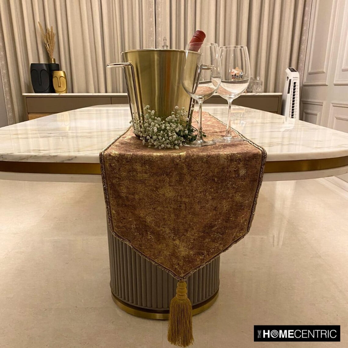 The HomeCentric Decorative Gold Table Runner 6 Seater Table Runner (14 x 72 inch) Foil, Tassels, Suede fabric Table Linen, Abstract Pattern Modern Style - Shimmer Fest Gold