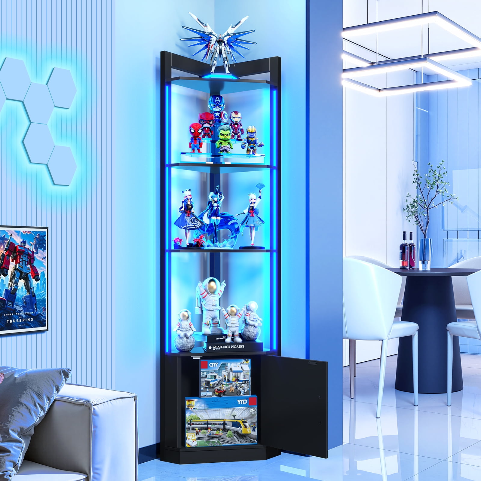 BENGOO Modern 65 Inch Corner Display Cabinet, 5-Tier with Color LED Lights, Human Body Sensor, Homes Decor,Black