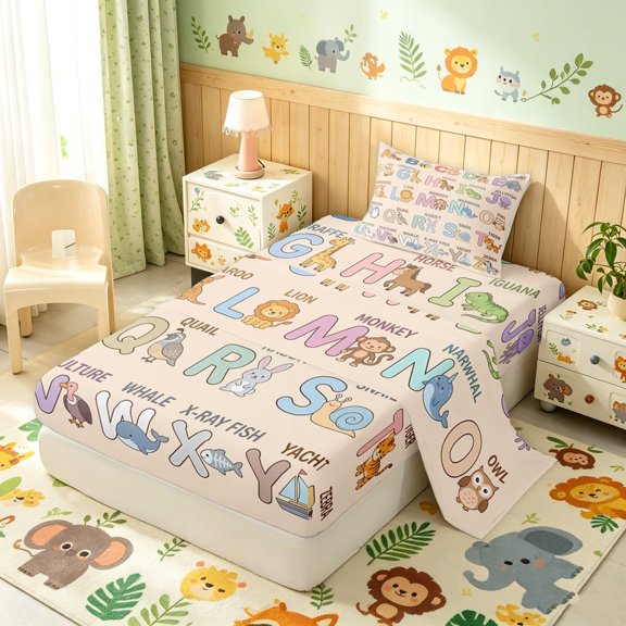 Manfei Forest Animals Twin Sheets, Alphabet Letter Bedding, Peach, 3pcs, 1 Flat Sheet, 1 Fitted Sheet and 1 Pillowcase