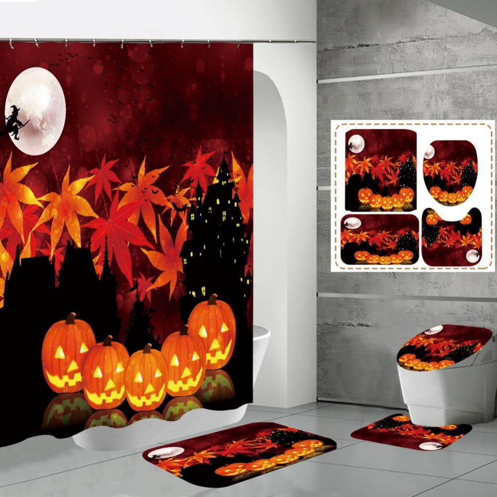 Horror Halloween Witch Fall Harvest Pumpkin Fabric Shower Curtain Set Bath Decor 
