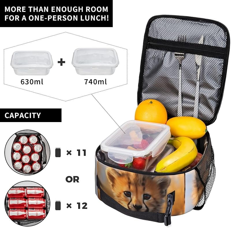 Cute Young Cheetah Lunch Box Funny Animals Golden Light Lunch Bag Insulated Reusable Portable Lunch Tote Cooler Bag For Men Women Teens, Office Work Travel Lunchbox
