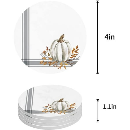 

KXMDXA Autumn Maple Leaf and Pumpkins Grey Stripes Set of 4 Round Coaster for Drinks Absorbent Ceramic Stone Coasters Cup Mat with Cork Base for Home Kitchen Room Coffee Table Bar Decor