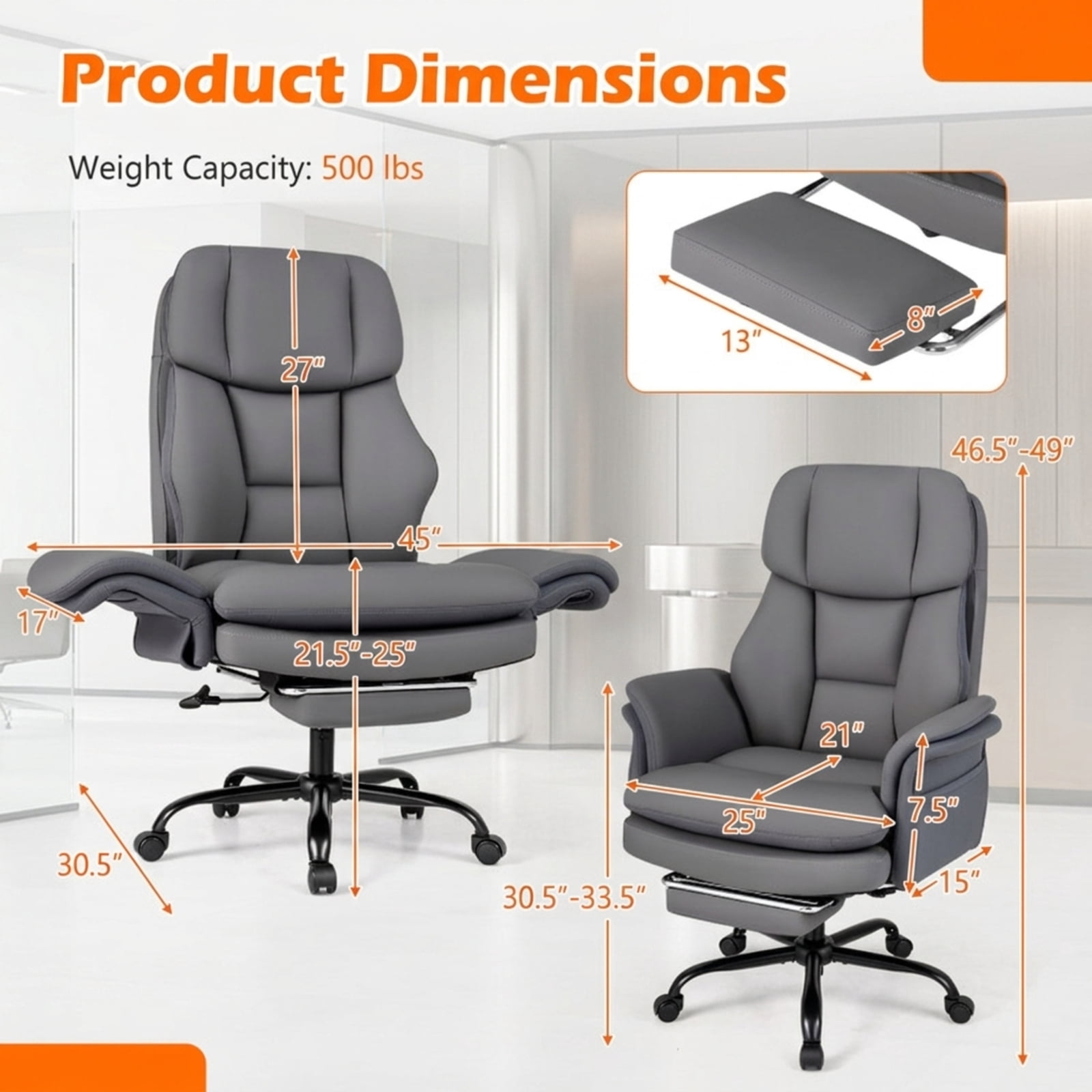 Furnibear Big and Tall Executive Office Chair 500 lbs Ergonomic Cross Legged Computer Chair with Footrest Flip Up Arms and Teddy Fleece, Gray